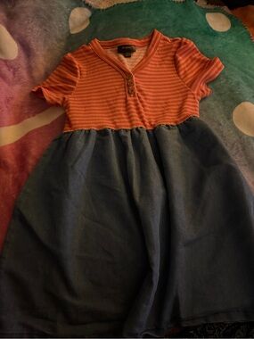 Picapino Orange Ribbed Top with Blue Skirt Kids Dress